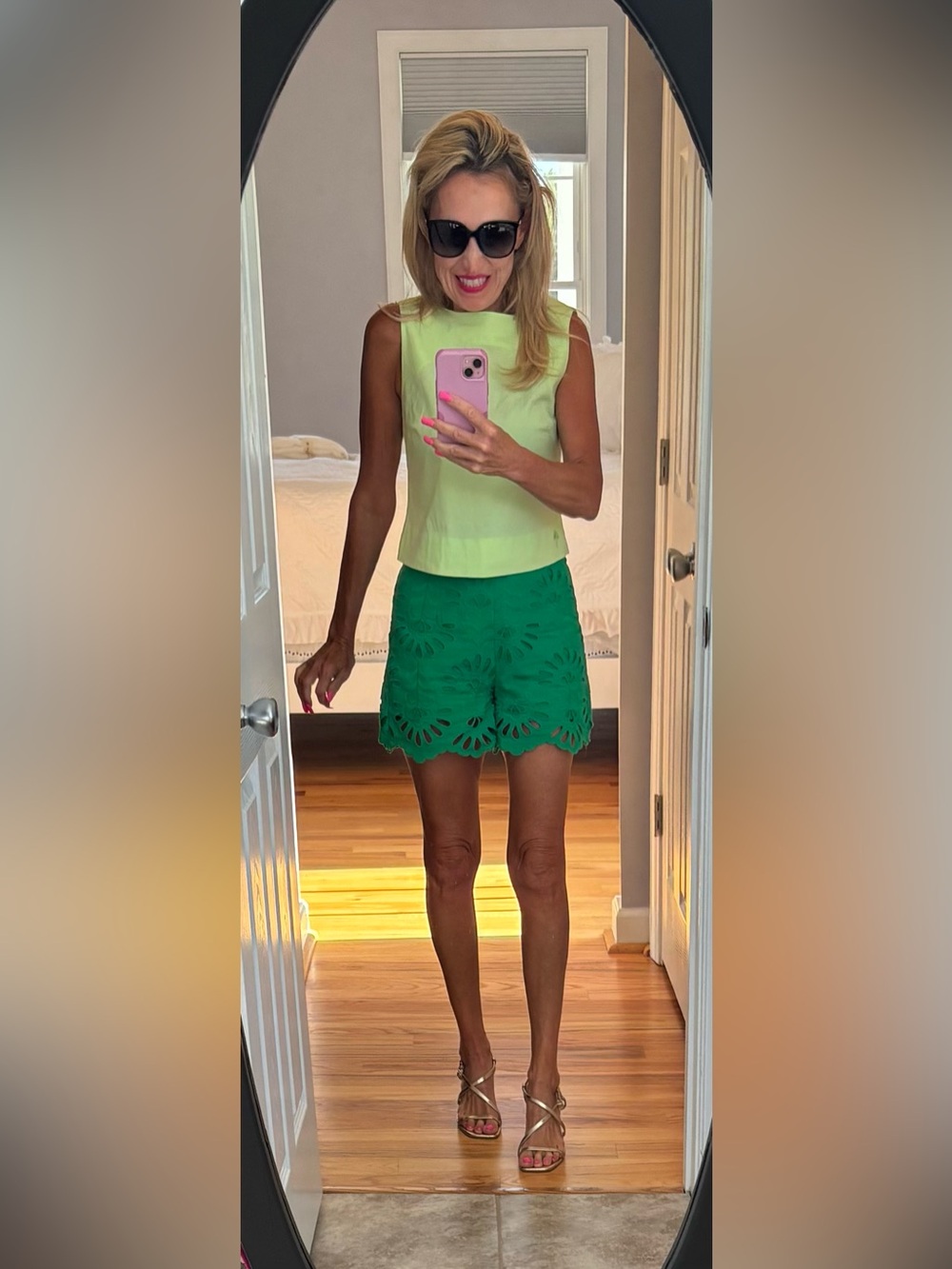 Zara Lime Green Eyelet High Waist Scalloped Shorts